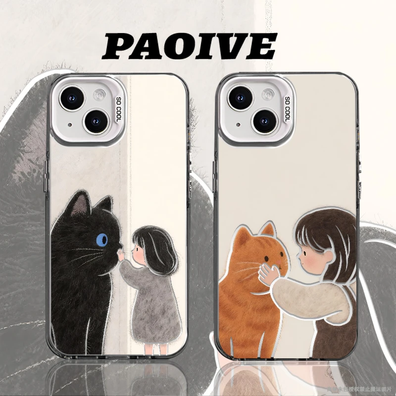 猫咪小女孩创意适用苹果华为一加iPhone小米三星防摔彩银手机壳