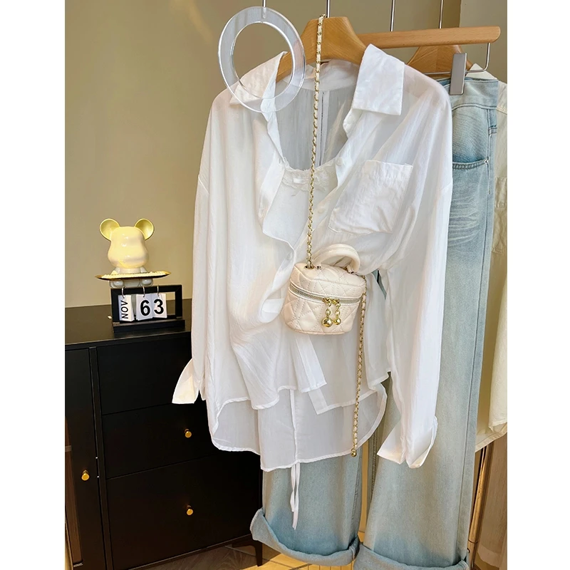 法式后背镂空慵懒风~白色莱赛尔天丝防晒衬衫女轻薄透气衬衣外套
