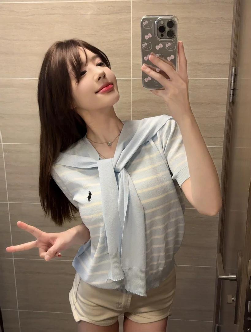 拼接针织韩版夏季短袖宽松女披肩条纹毛针织衫老钱风松弛感女装