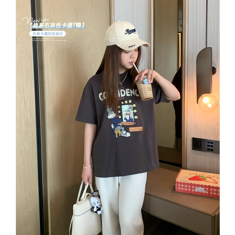 女大童韩版卡通短袖2025夏装新款初中生水洗破洞做旧T恤亲子上衣