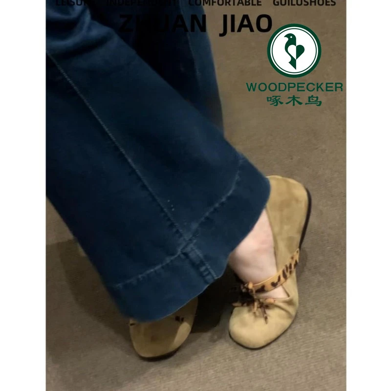 啄木鸟复古内增高浅口单鞋女2025春季新款法式豹纹蝴蝶结玛丽珍鞋