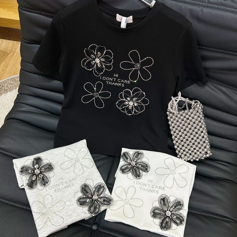 2X531重工镶钻工艺,3D黑百合亮220克棉T圆领洋气百搭短袖t恤夏季