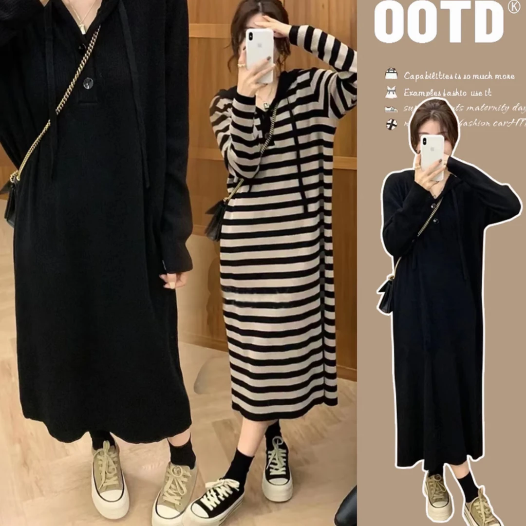 孕妇装秋冬小个子法式慵懒风复古连帽针织连衣裙百搭休闲条纹裙女