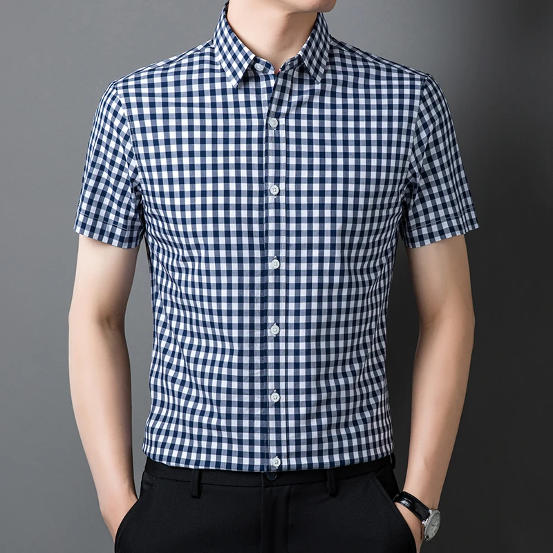 【专柜正品】欧洲轻奢新疆长绒棉夏季100%纯棉短袖格子衬衫抗皱免烫