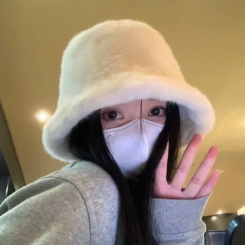 N家白色毛绒帽子女冬季可爱网红保暖加绒显脸水桶渔夫帽大头围