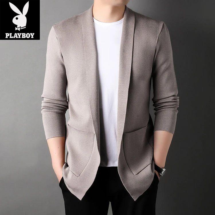 男士秋季时尚针织开衫男士简约韩版休闲纯色翻领中老年夹克外套