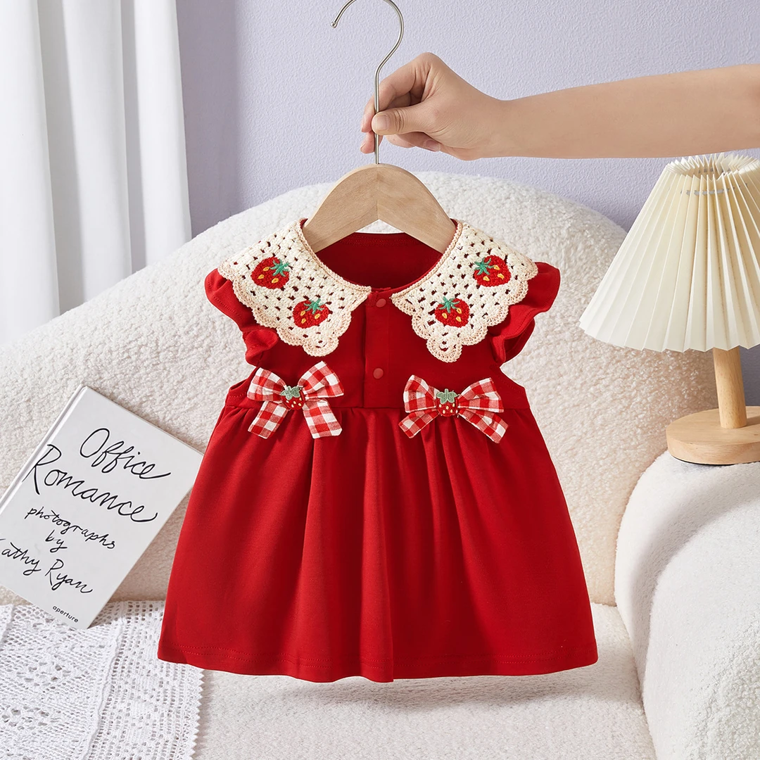 周岁女宝宝礼服夏季儿童连衣裙草莓蝴蝶结红色女童裙子抓周衣服