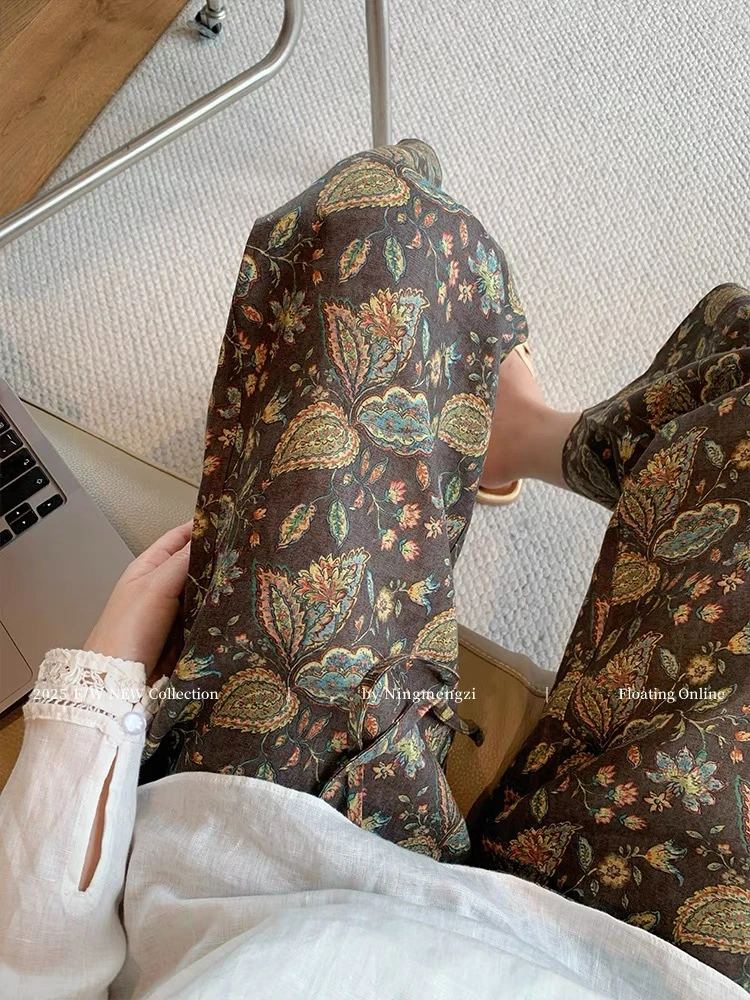 老钱风印花薄款透气高腰阔腿裤女夏季新款宽松显瘦休闲直筒拖地裤