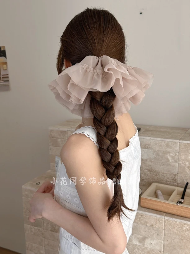 法式浪漫甜美柔软奶咖色米白色粉色米白色芭蕾风欧根纱发圈大肠圈