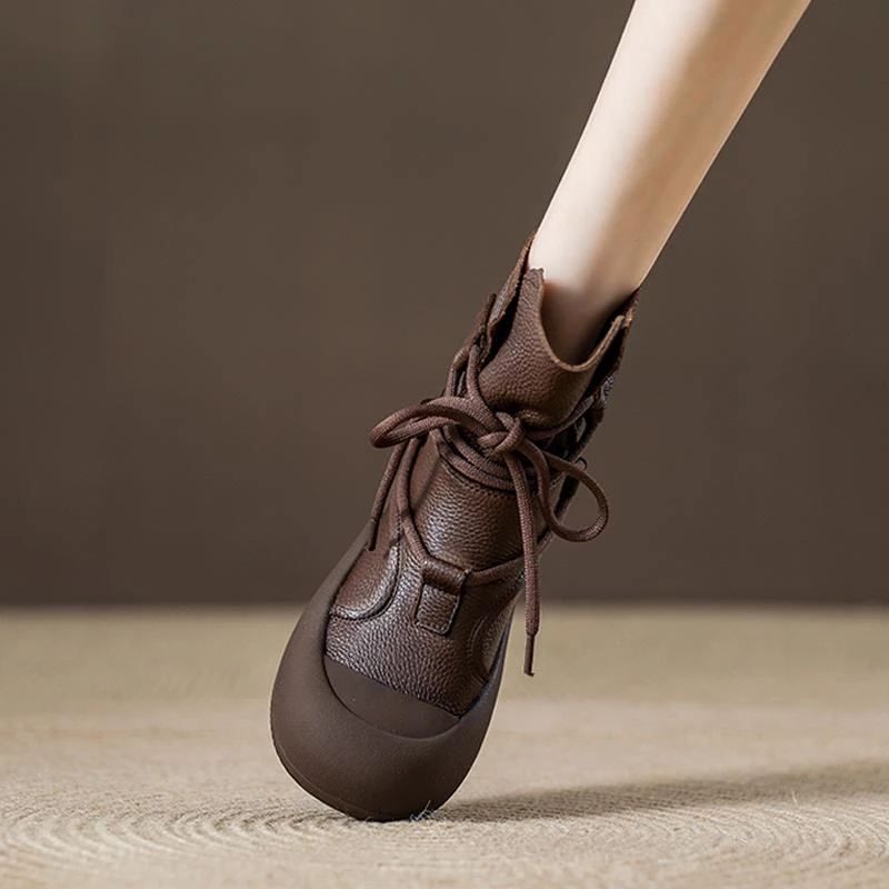 厚底真皮中筒马丁靴棕色短靴女2025新款女鞋秋季覆古靴子系带单靴