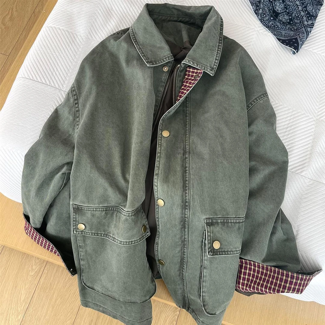 做旧复古绿色拼接格子设计感牛仔外套女2025秋季新款牛仔开衫上衣