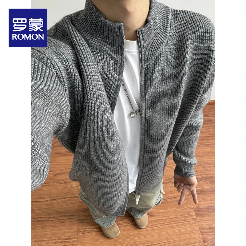 罗蒙灰色拉链毛线衣男女春秋半高领针织开衫慵懒高级感正肩外套