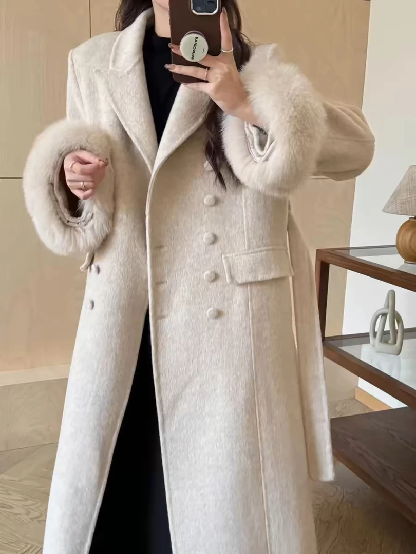 袖口双面绒大衣女中长款双排扣气质毛呢外套