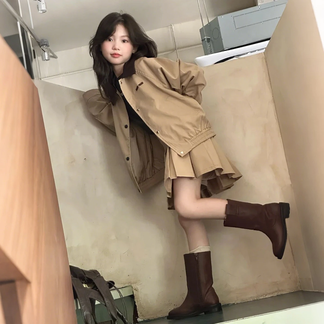 女童套装儿童外套半身裙春秋季2025新款大童卡其色韩范两件套潮