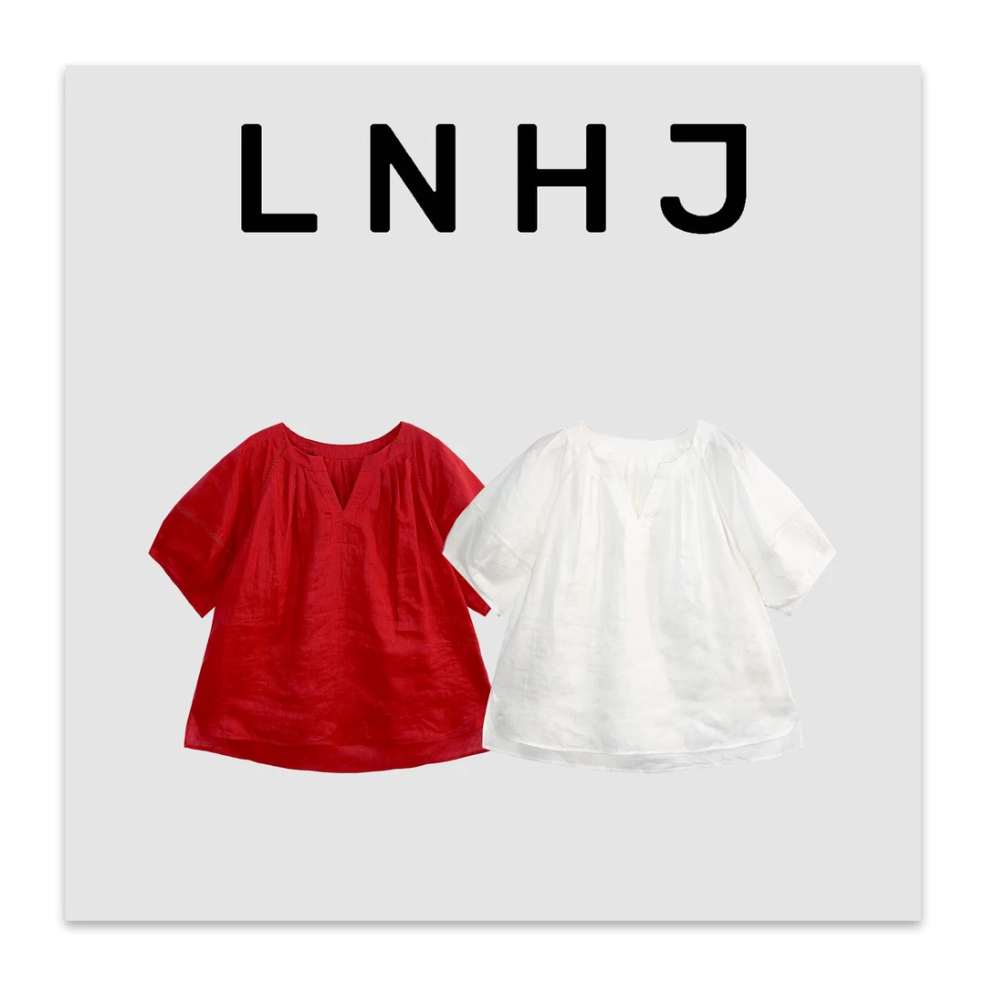 LNHJ【蔷薇之歌】时尚简约纯色v领满分亚麻短袖T恤