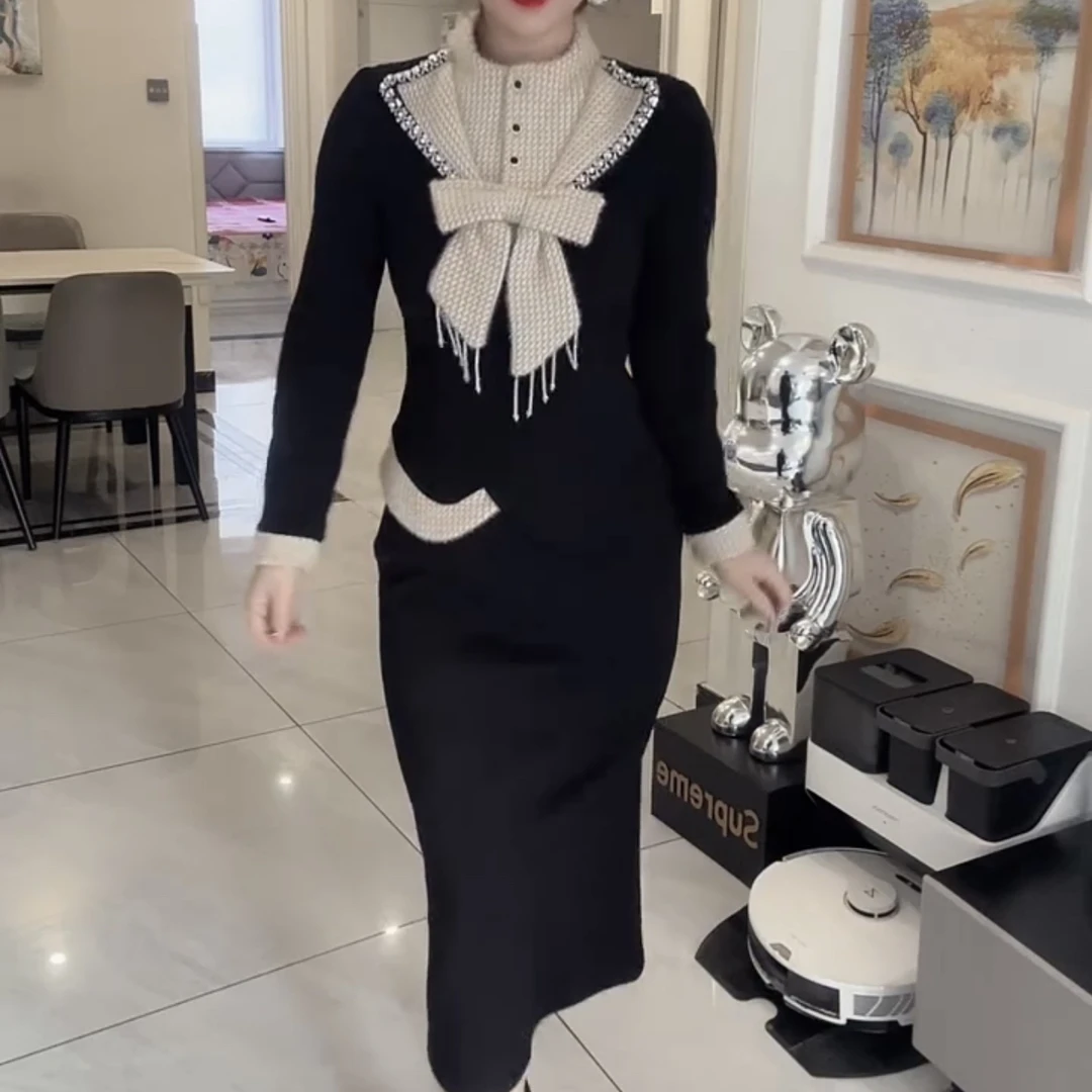 秋冬新款时尚百搭重工拼接上衣搭配半身裙套装