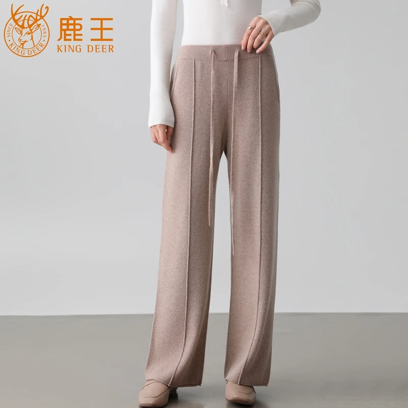 【40周年纪念款】鹿王女松紧腰100山羊绒四平长裤直筒裤加厚 XM1138