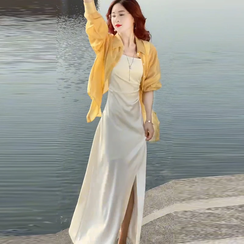 洋气连衣裙套装女夏季新款时尚显瘦薄款衬衫开叉吊带裙两件套