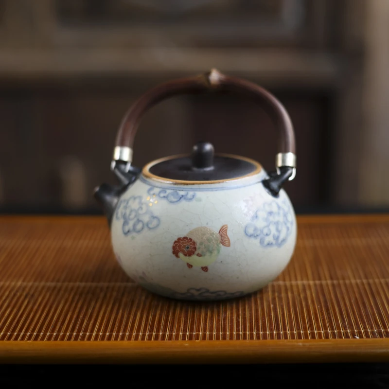 【静姐小院】祥云红色胖头鱼提梁壶210ML（朴壶0153）