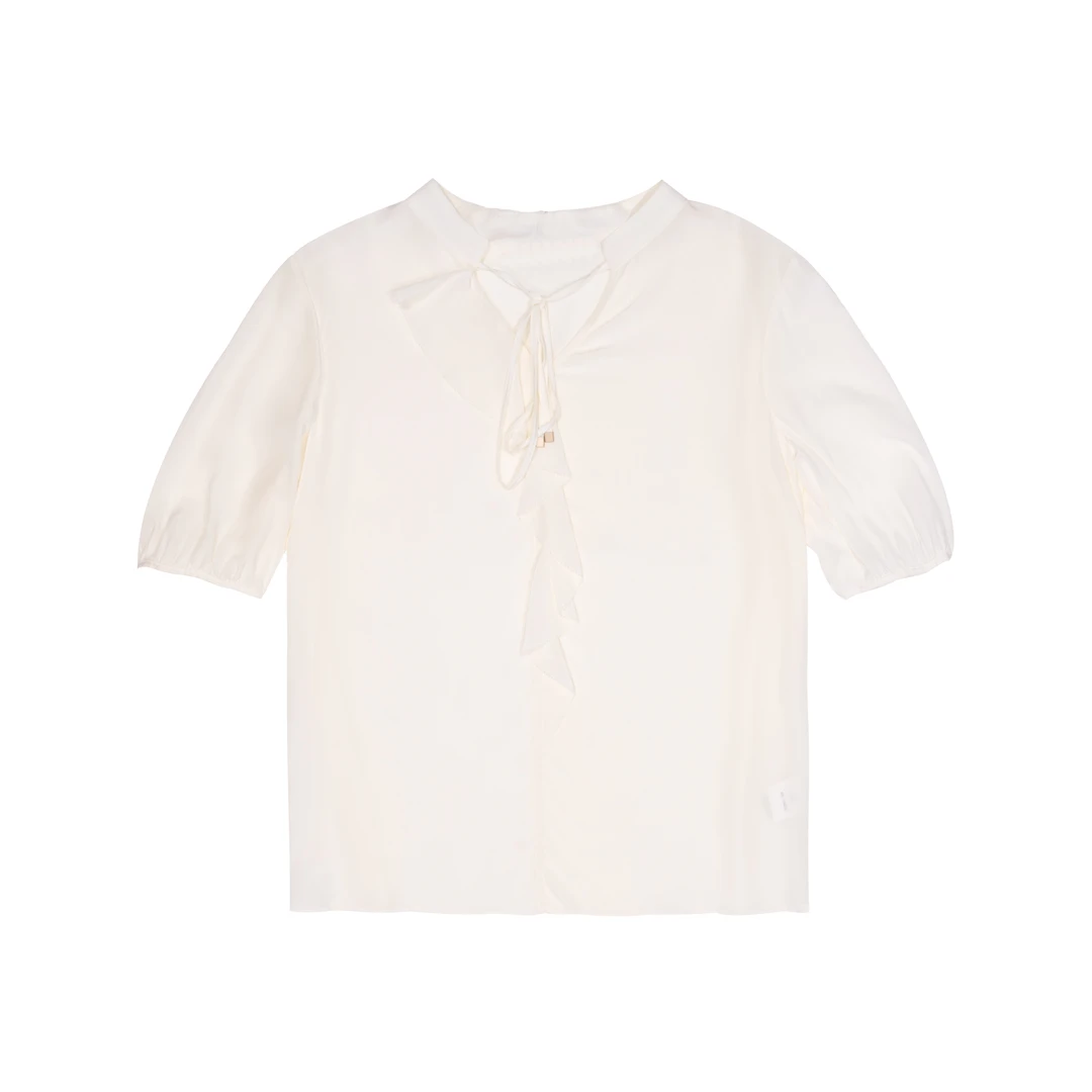 【籽言严选】夏季短袖泡泡袖荷叶领系带衬衫感宽松甜美CI0232362365