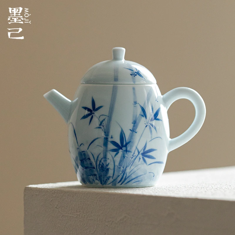 墨己晴山蓝手绘竹子陶瓷茶壶功夫茶具家用球孔过滤龙珠壶泡茶壶
