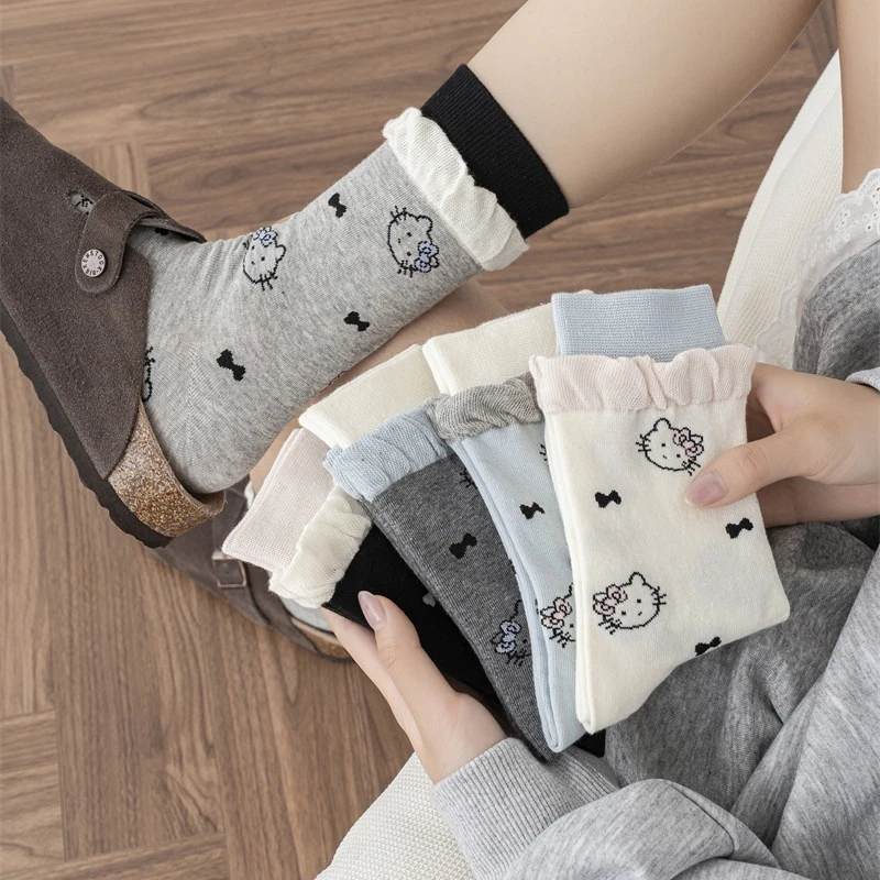 韩系袜子女Flower秋冬满印KT猫蝴蝶结撞色泡泡口拼接可爱中筒袜子