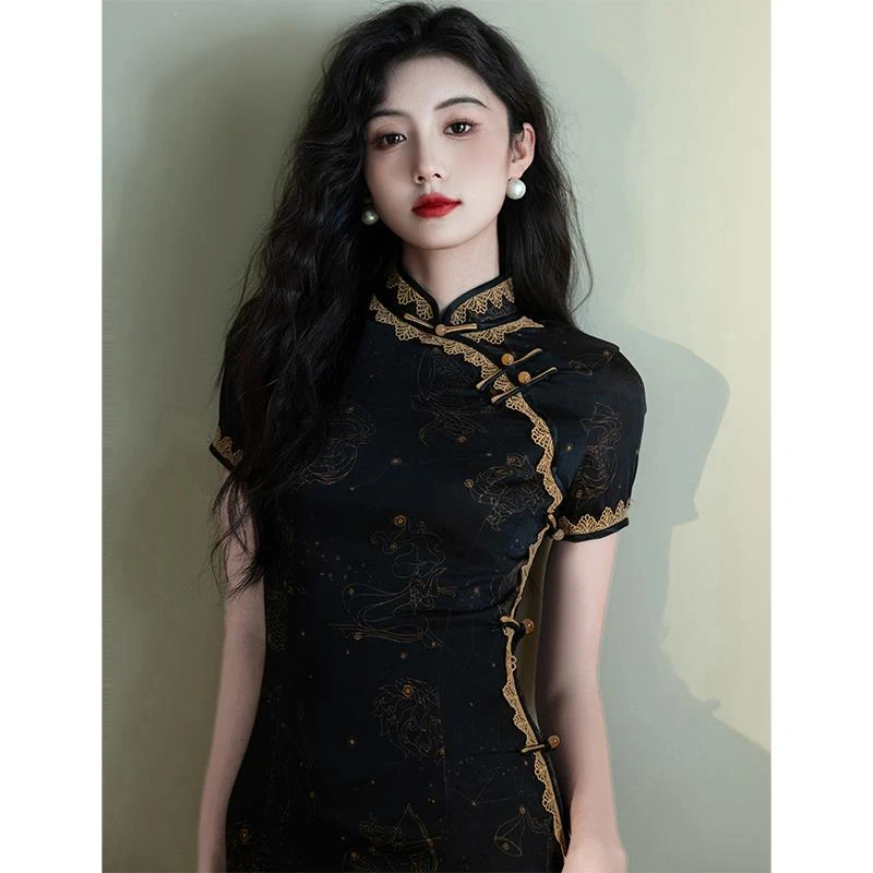 新中式黑色旗袍女中国风蕾丝高级感小众优雅修身显瘦日常走秀演出