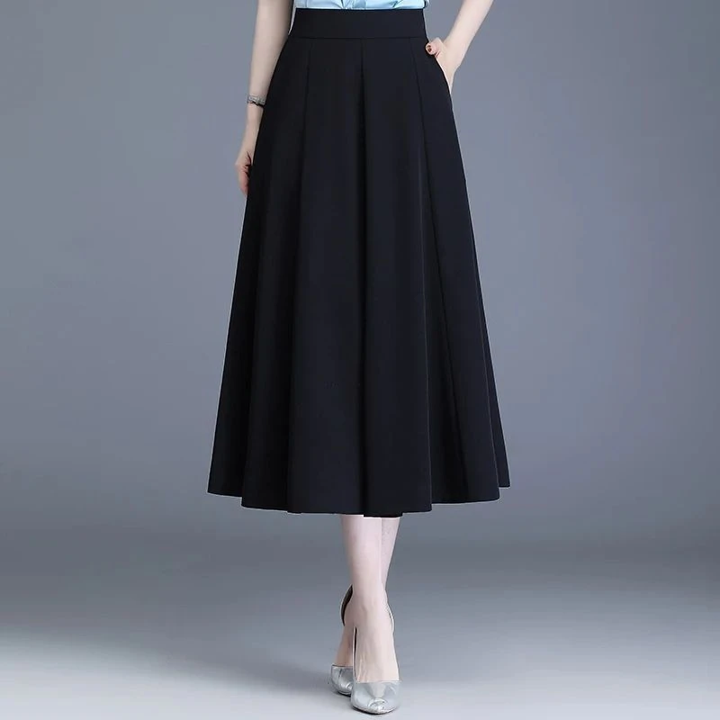 夏季冰凉丝八片式洋气中长款大摆裙a字裙洋气显瘦遮肉百搭半身裙