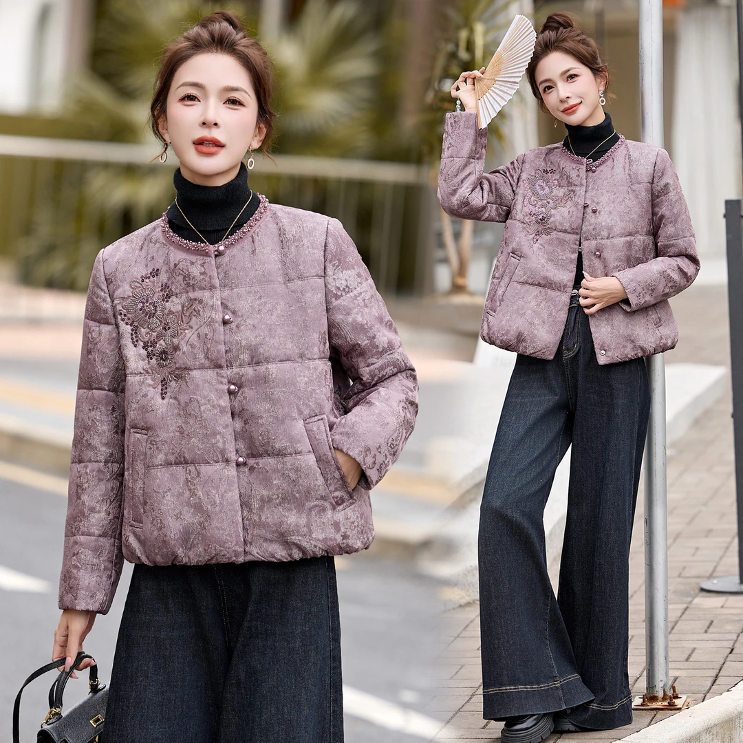 轻奢冬季新中式国风女款爆款2025新款气质保暖冬季外套提花棉服