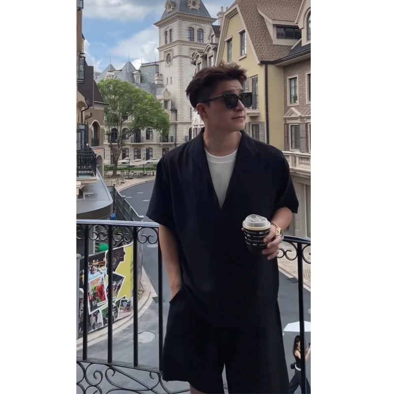 【亚麻两件套】老钱风亚麻莱赛尔短袖+短裤假两件清英伦风男t恤短袖