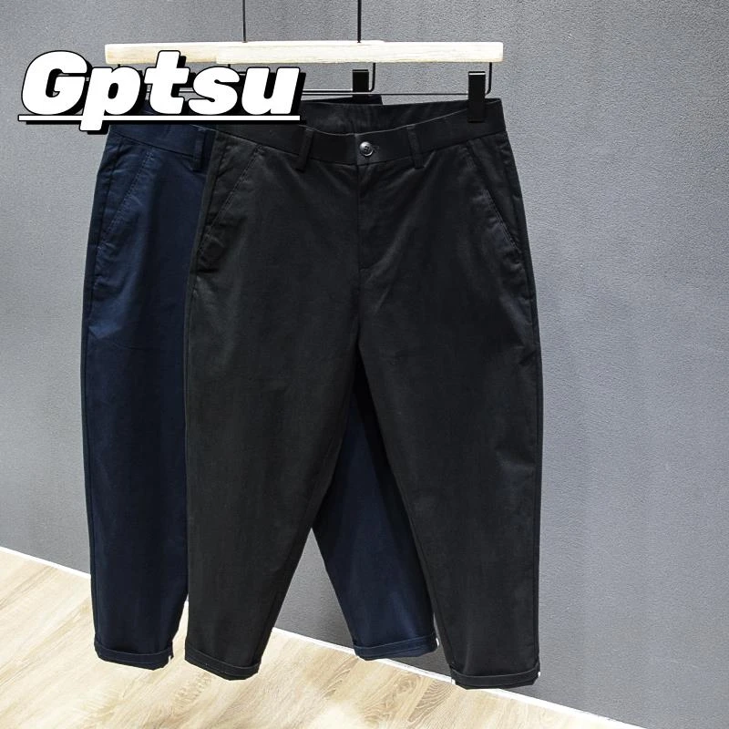 GPTSu纯棉简约透气九分锥形休闲裤夏季薄款纯色百搭短腿西裤男士