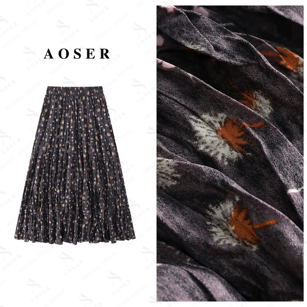 AOSER休闲风高腰碎花时尚气质百搭A字大摆裙女装半身长裙2749