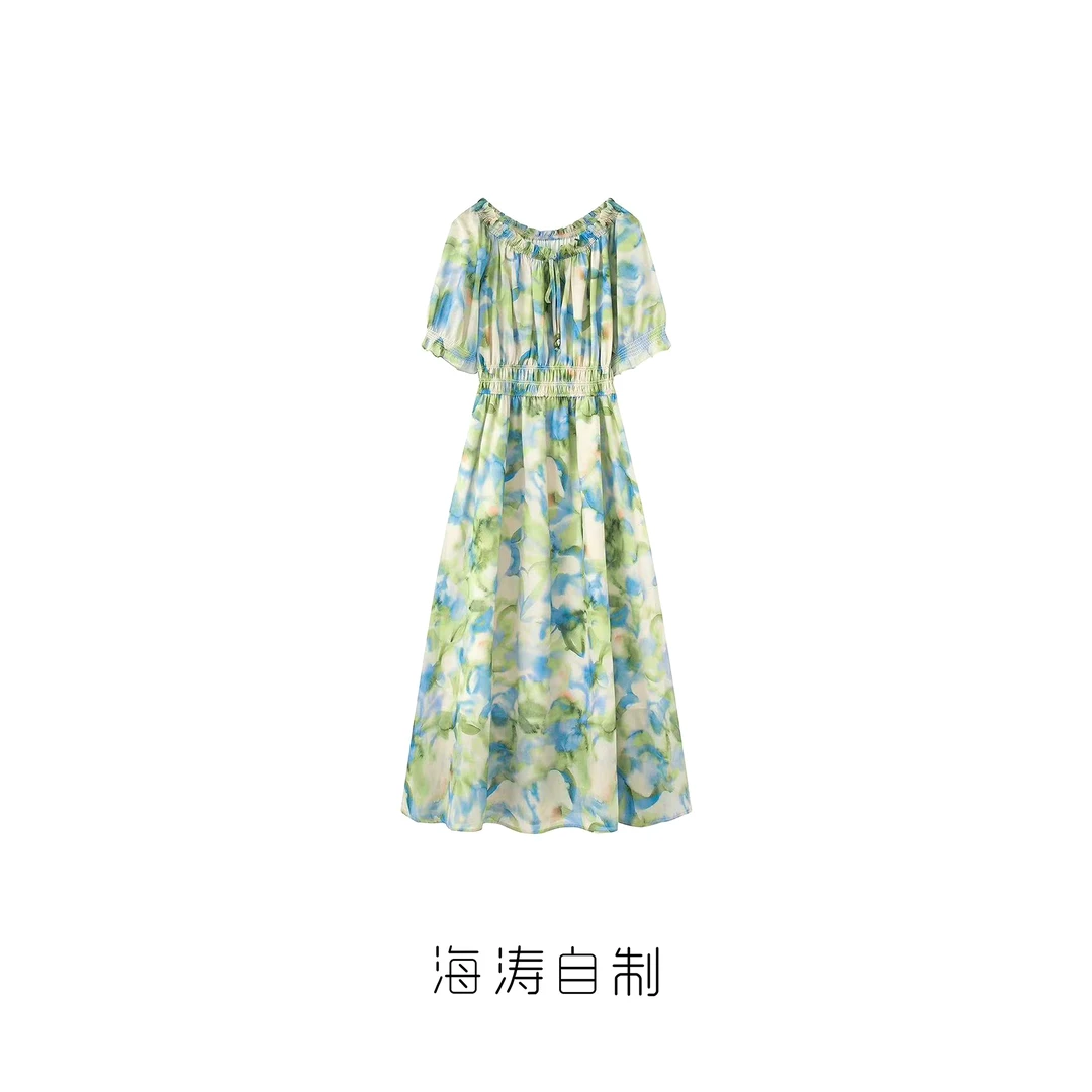 【海涛大叔】「浮生睡莲」晕染碎花腰间抽褶泡泡袖圆领连衣裙