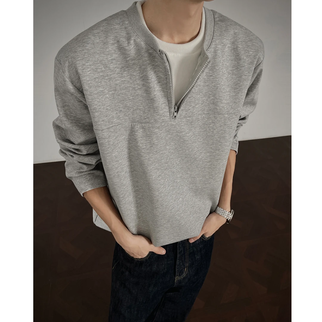 灰色假两件半拉链卫衣男秋季高级感cleanfit美式复古内搭长袖t恤