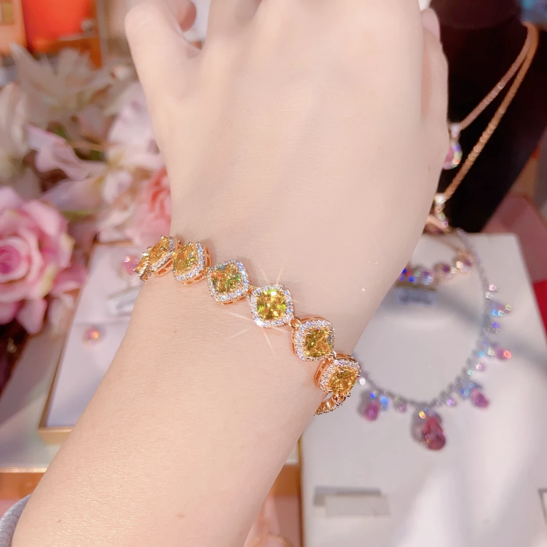 新款【有进有赚招招晶】手链豪镶黄方糖香槟金色满钻女神超闪可调节