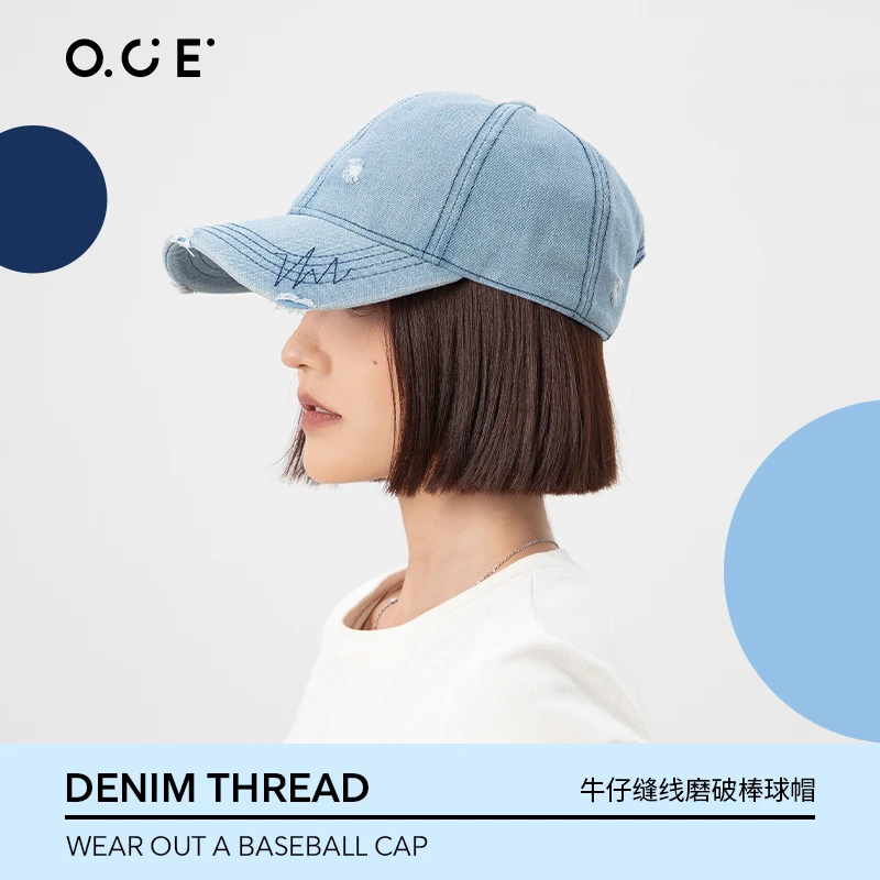 OCE帽子牛仔破洞棒球帽男女鸭舌帽宽松显脸小遮阳防晒帽子