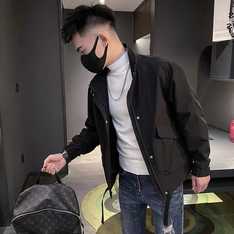 工装潮牌男士韩风简约休闲纯色立领夹克春秋帅气休闲口袋外套男装