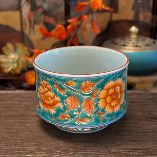 景德镇艺窑万彩纯手工手绘青花红绿彩四项牡丹马蹄杯