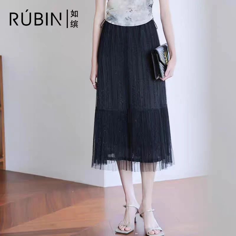 中长款网纱半身裙百褶设计高腰显瘦a字裙春秋夏季
