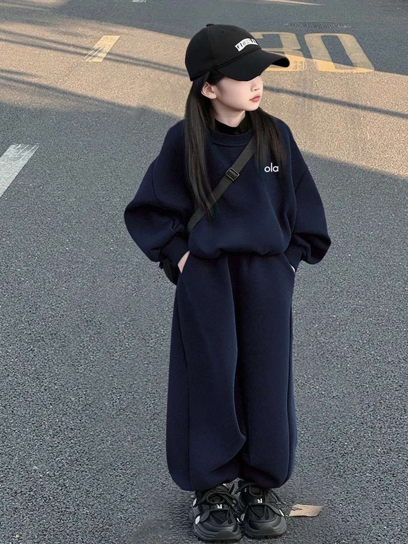 女童秋冬加绒套装2025新款女孩加绒韩版宽松上衣卫裤洋气运动套装