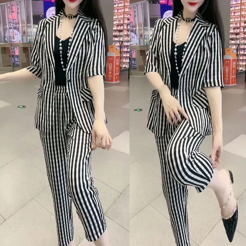 2025年夏季高级简约显瘦格子西装套装女修身西服外套小脚裤两件套