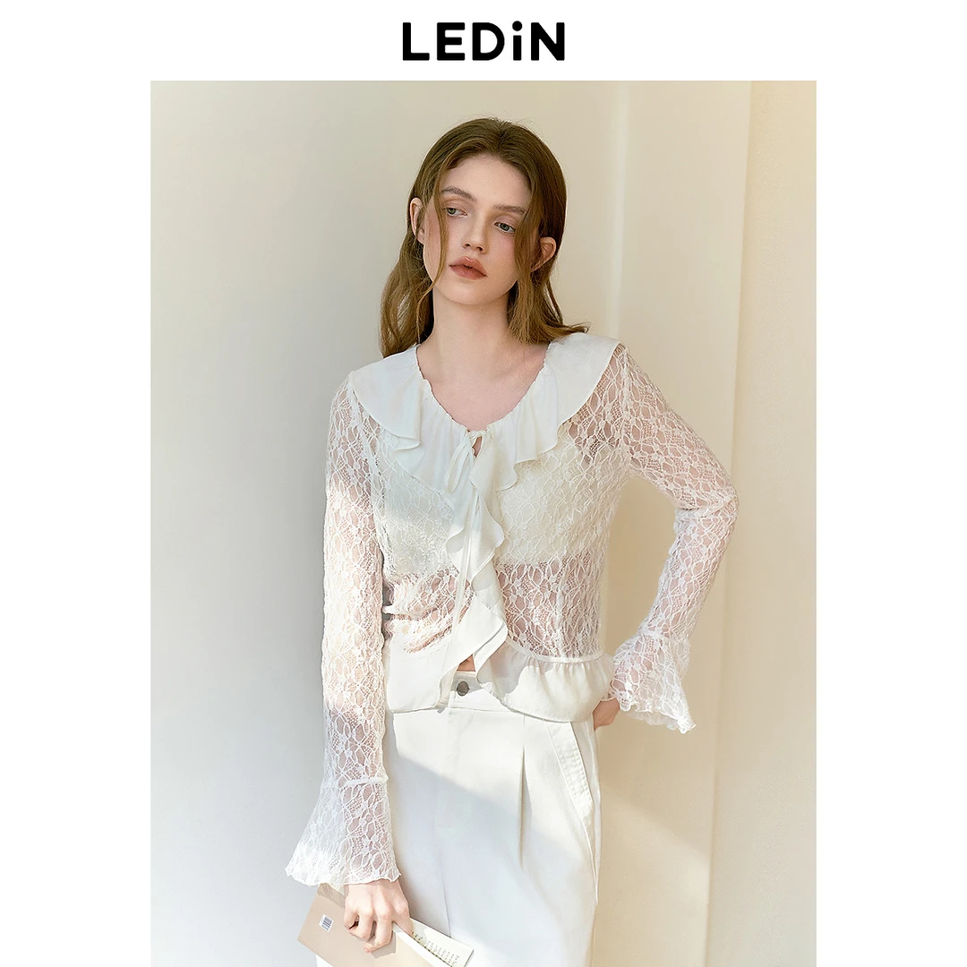乐町蕾丝荷叶边长袖雪纺衫2025春季新款设计感袖口宽松开衫上衣