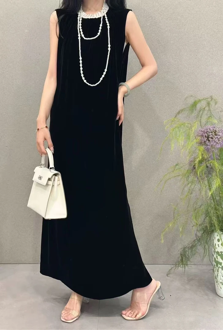 真丝丝绒无袖气质显瘦背心连衣裙