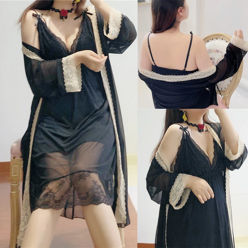 B016 夏季带胸垫睡裙胖mm大码睡衣200斤性感蕾丝吊带两件套家居服