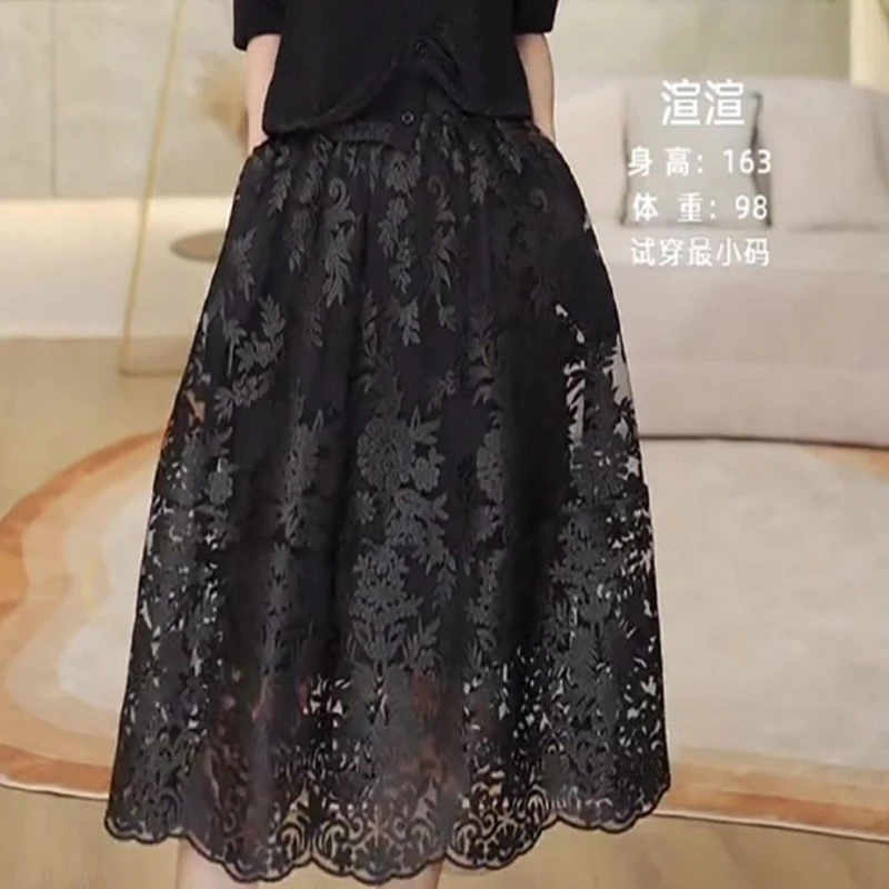 黑色蕾丝网纱半身裙女春季2025新款设计感时尚高腰A字大摆伞裙子