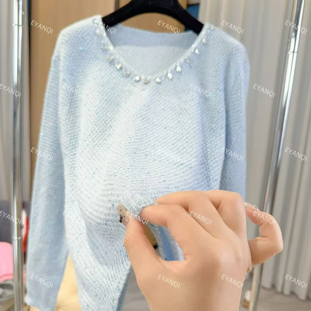 重工带钻设计感V领百搭针织衫女长袖宽松显瘦毛衣
