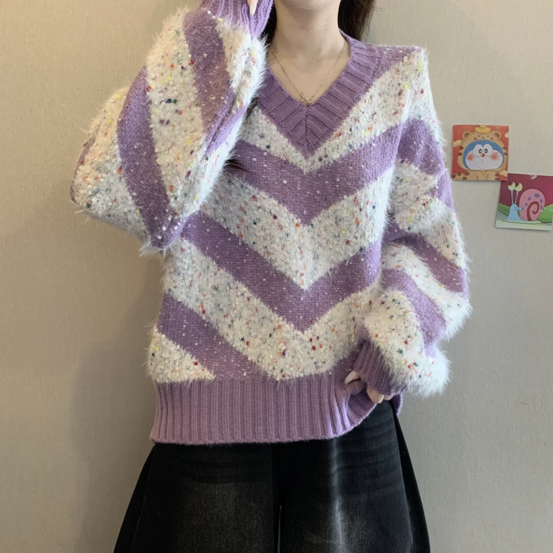 韩版彩点条纹V领套头毛衣女秋冬大码胖mm遮肚洋气内搭针织衫上衣