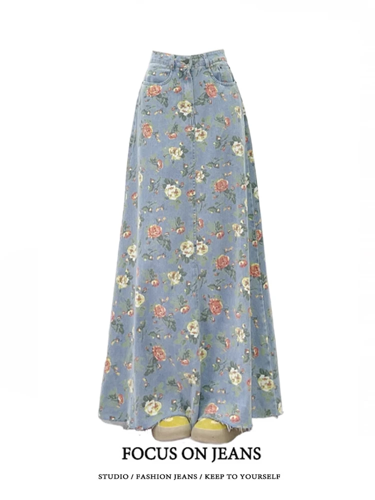韩系小众花朵印花大摆牛仔半身裙女夏季新款高腰百搭休闲毛边长裙