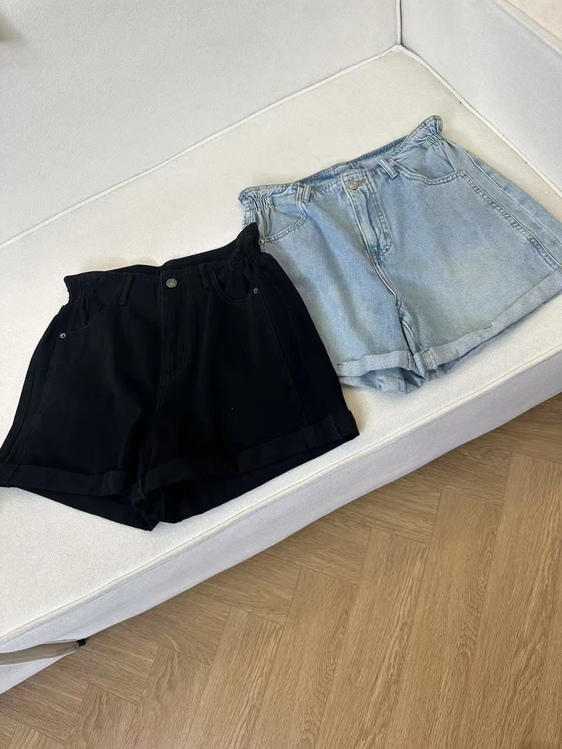 木子试穿L码夏季简约腰部褶皱高腰卷边牛仔短裤H5751