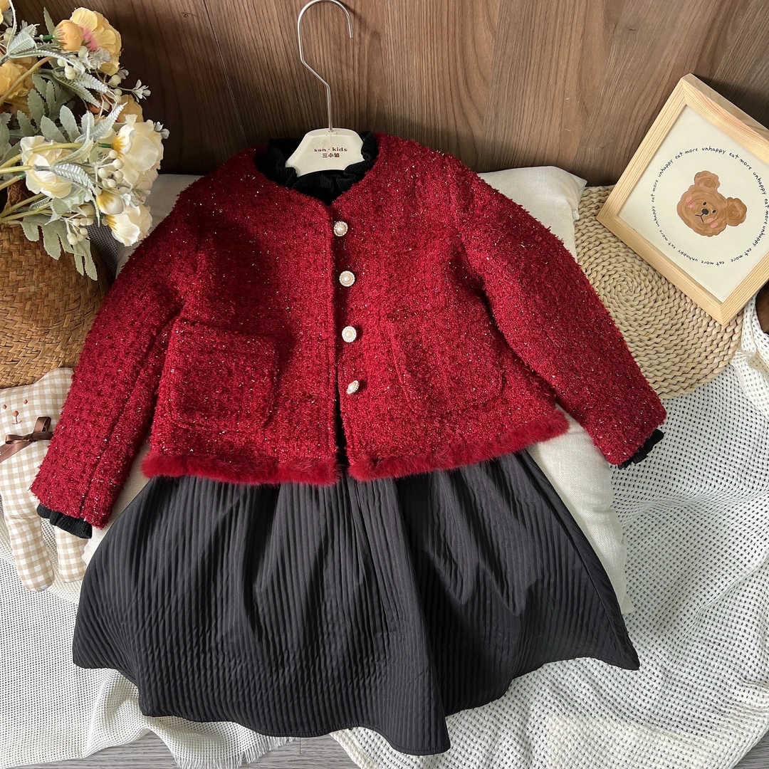 【两件套 】888081（红色）女童 洋气款 小香风毛衣裙 套装（裙子加绒）
